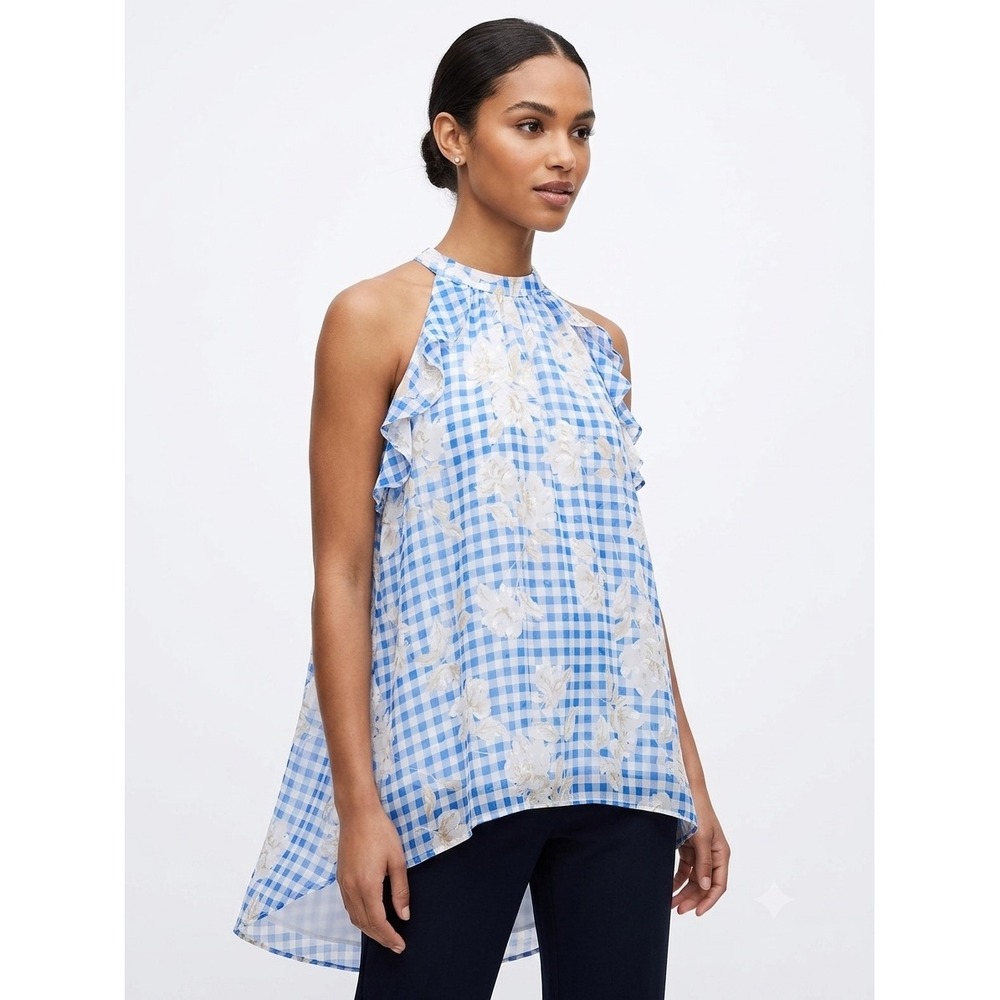 Cato Blue Gingham Coastal Bohemian Floral‎ Halter XL Ruffle High Low Clip Dot
